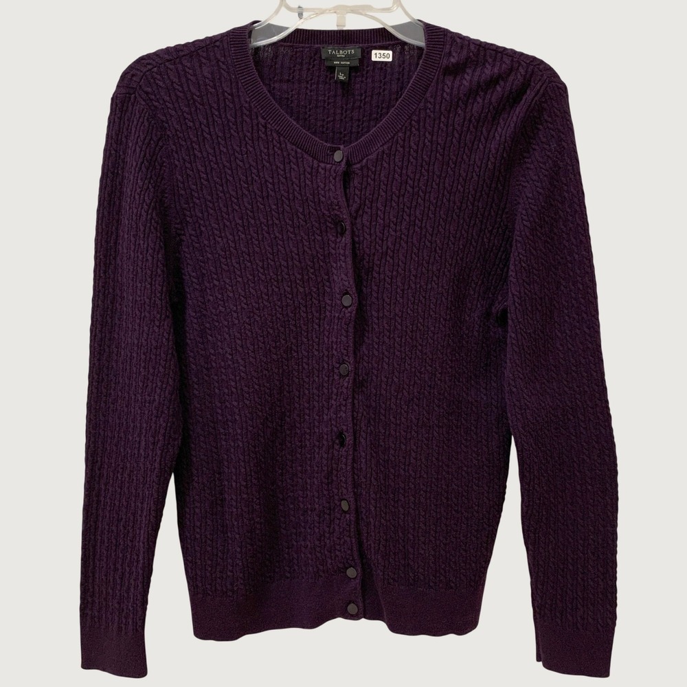Talbots Cardigan Sweater Women Petites LP Purple Button Cable Knit Pima Cotton
